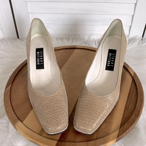 Stuart Weitzman Beige Brown Snake 2.5" Heel Square Toe Pump Size 8.5AA Narrow - Picture 2 of 10